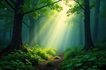 Obraz premium Tranquil Misty Forest Sunlight Filtering Through Lush Green Canopy, Creating a Mystical Atmosphere of Peace and Serenity