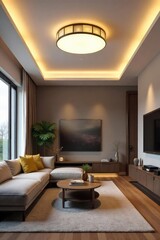 Modern minimalist ceiling light fixture illuminating a bright, airy living room Sleek design, contemporary style, perfect for modern homes , sophisticated design, stylish design