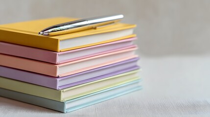 Stack of colorful notebooks with a pen resting on top.