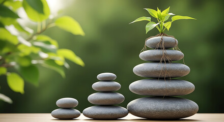 Balanced Stones Stack with Small Plant Growing on Top, Business Stability and Growth Concept