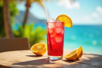 Fototapeta premium Refreshing icy beverage on a sun-drenched patio table, perfect for a hot summer day Enjoy the cool respite from the summer heat with this chilled drink , refreshing, drink