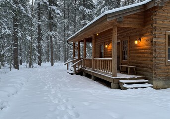 Snow-covered cabin nestled in a tranquil winter forest, inviting warmth and serenity.