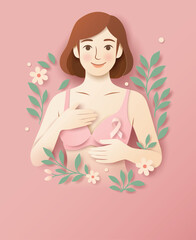 Breast self exam awareness illustration with pink ribbon