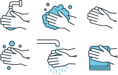  Hand Washing Process Illustration, Step-by-Step Guide on How to Wash Hands with Soap and Water, for Hygiene, Health, and Disease Prevention Concepts