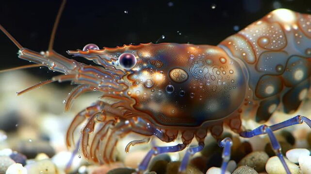 Macro close-up of a vibrant freshwater shrimp with intricate blue and brown patterns on its shell, resting on pebbles underwater.