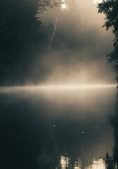 A serene lake shrouded in mist with trees lining the edges, bathed in sunlight.