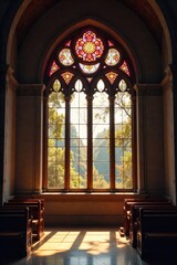 Obraz premium Light Streams Through Ornate Stained Glass Window, Illuminating a Tranquil Interior Space, Perfect for Concepts of Faith, Spirituality, and Hope.