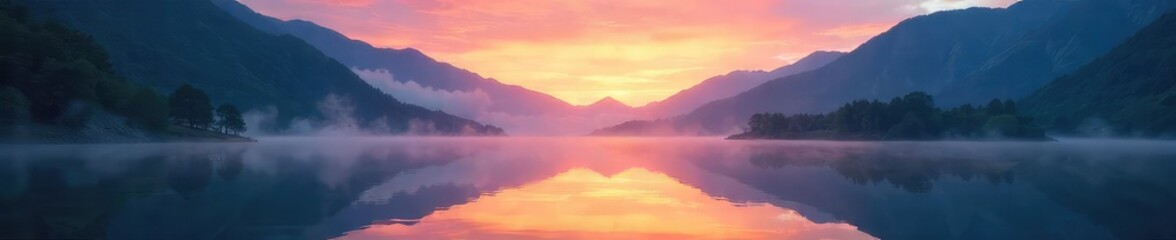 Obraz premium Serene mountain lake at sunrise, mist hangs over still water reflecting vibrant colors of dawn Perfect for travel, nature, and tranquility themes , water, majestic