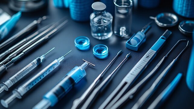 Close Up Medical Instruments On Dark Surface For Healthcare Use. With Precise Tools. Equipment For Science Research And Treatment Procedures. Medical Supplies On A Dark Background. Instruments