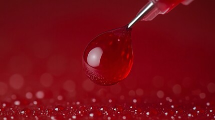 Close Up Of A Single Red Liquid Drop Hanging From A Syringe Needle Against A Red Bokeh Backgrounds And Textures. High Quality Photography Of A Drop Of Red Fluid. High Resolution Image Perfect For