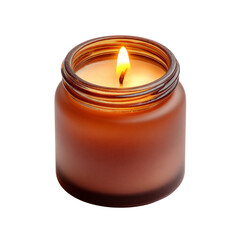 warm, glowing candle in frosted amber jar, creating cozy atmosphere. Perfect for relaxation and ambiance in any space