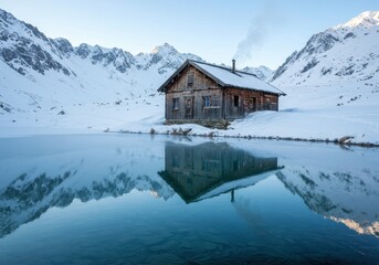 Fototapeta premium A tranquil mountain hut reflects serenely in a pristine winter lake, nestled amidst snow-capped peaks.