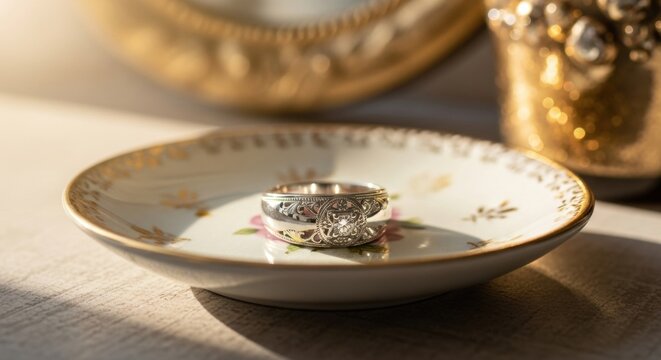 Sunlit Heirloom: Ornate Diamond Ring on a Gold-Trimmed Floral Dish