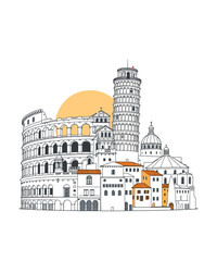 Obraz premium Italy travel illustration featuring famous landmarks like the Colosseum and Leaning Tower of Pisa