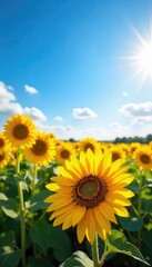 Obraz premium Vibrant sunflowers stretch towards a vast, clear blue sky, bathed in golden sunlight A breathtaking summer scene, full of warmth and nature's beauty , few clouds, hope, growth