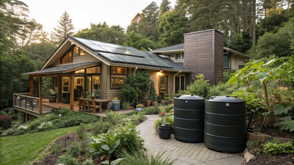 Naklejka premium Sustainable living showcasing a modern home with solar panels, water collection tanks, and a lush garden nestled in a tranquil natural setting, embracing eco-friendly design and serene outdoor living