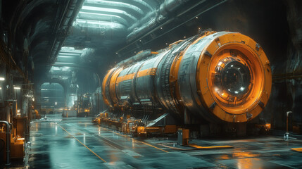 Create an energy plant interior with futuristic generators and AI systems