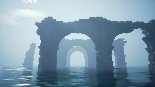Mysterious stone arches rise from serene waters, creating a captivating and atmospheric ancient ruin fantasy world scene