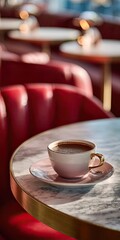 Fototapeta premium A round, marble-top table in a cafe with a cup of hot drink