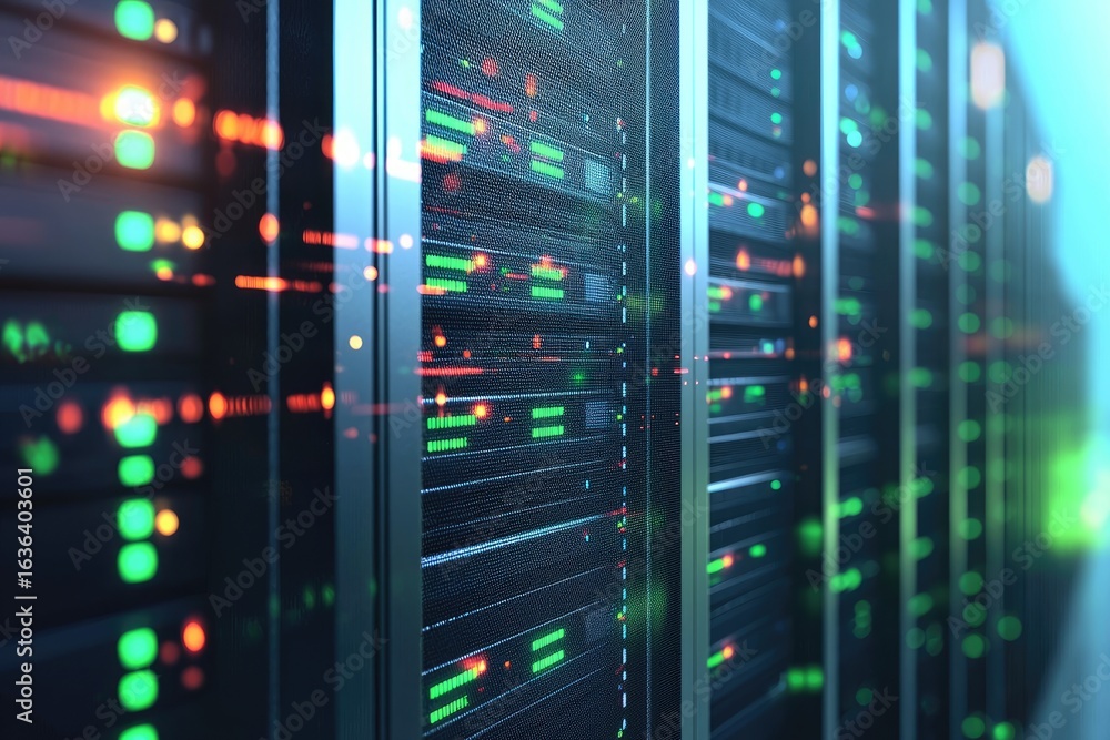Poster digital data center server racks with green and red glowing indicators and light reflections, ideal 