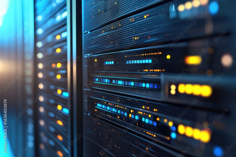 Poster futuristic data center server racks with vibrant blue and orange led lights in a high-performance en