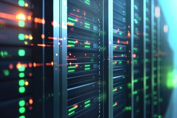 Naklejka premium Digital data center server racks with green and red glowing indicators and light reflections, ideal for IT operations, AI systems, cybersecurity, and cloud network platforms