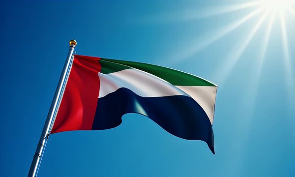 UAE national flag on flagpole under the bright sky. United Arab Emirates national flag