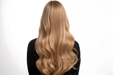 Obraz premium Back view of a woman with long blonde wavy hair wearing a black top on a white background studio shot .