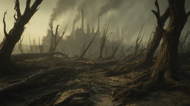 Desolate Landscape with Smoke Towers in a Polluted Environment - Powered by Adobe