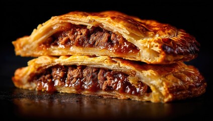 Two halves of a savory pastry, showcasing a rich, brown filling.  Golden-brown flaky crust