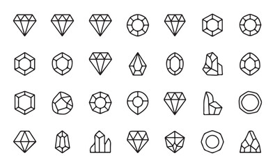 Black-and-white illustrations of diamonds, gems, and jewelry shapes in minimalist design style.