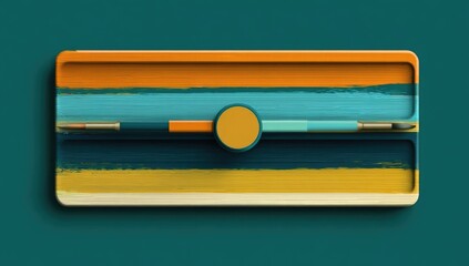 Rectangular tray, painted with horizontal stripes of vibrant hues,  holds paintbrushes and a round element