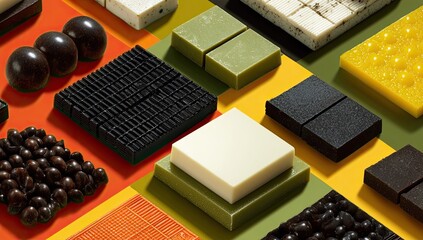 Assorted gourmet chocolates arranged in a grid pattern on a vibrant color background.  Various shapes and textures are showcased, including squares, balls, and clusters