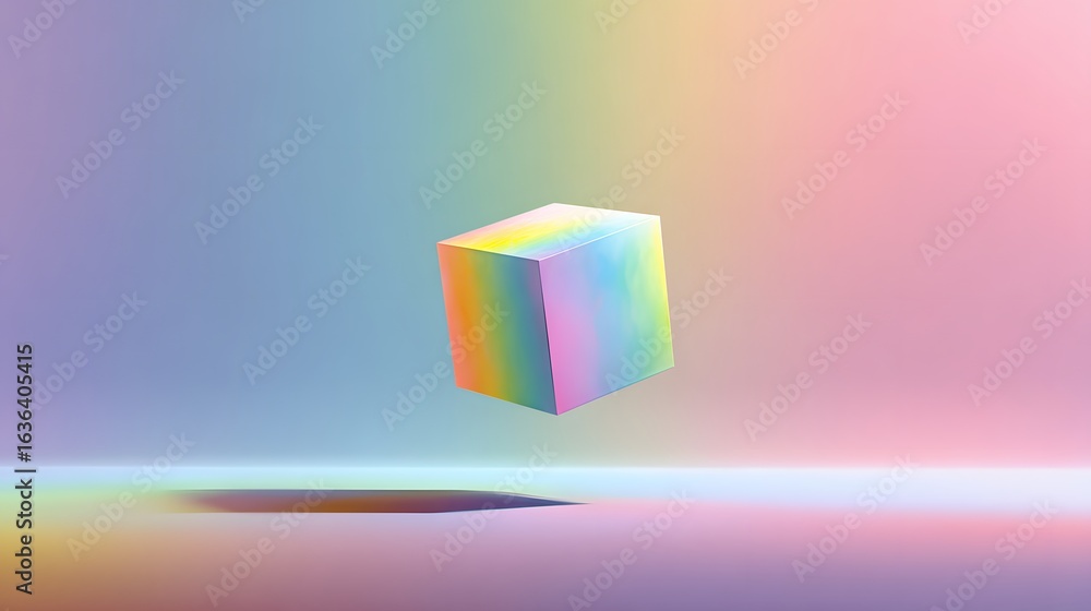 Poster floating colorful cube in a soft pastel background.