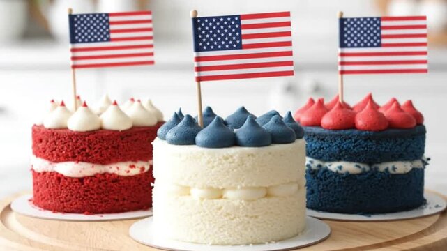 Three patriotic cakes red white and blue each adorned with American flags displayed on a wooden board