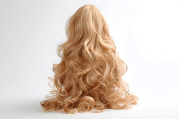 Naklejka premium Back view of a long blonde curly wig on a white background in studio lighting conditions today now .