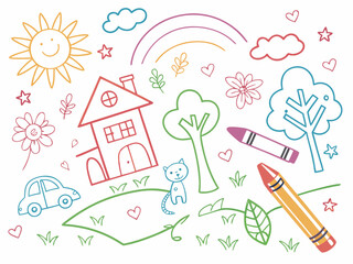 Seamless crayon drawing background with child&rsquo;s sketch of rainbow, house, flower, and sun. Colorful kids&rsquo; doodle vector perfect for school activity sheets, decor, or learning themes.

