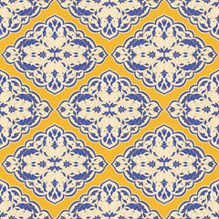 Blue, yellow and white luxury vector seamless pattern. Ornament, Traditional, Ethnic, Arabic, Turkish, Indian motifs. Great for fabric and textile, wallpaper, packaging design or any desired idea.