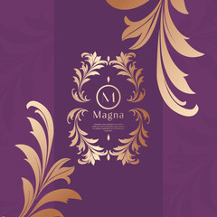 Golden frame with vector ornament on a purple background. Elegant, classic elements. Can be used for jewelry, beauty and fashion industry. Great for logo, emblem, or any desired idea.