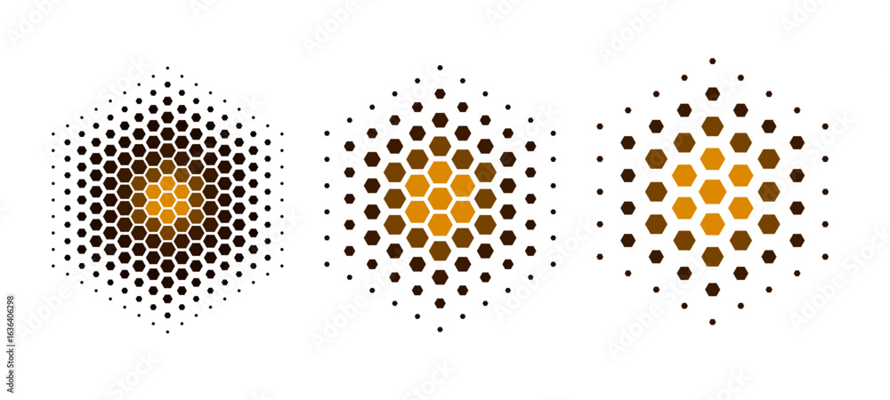Poster hexagonal halftone pattern. set of dotted abstract shapes. half tone design elements in geometric te