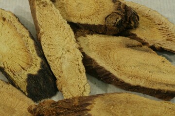 Sliced dried root of Glycyrrhiza uralensis (Gamcho), a soothing Korean herbal remedy for cough...