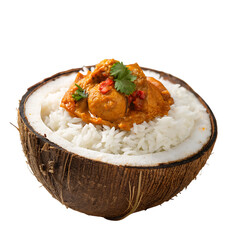A whole single coconut rice with curry isolated on a transparent background