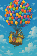 Fototapeta premium Cartoon house lifted into sky by hundreds of colorful balloons against blue clouds for whimsical fantasy adventure illustration