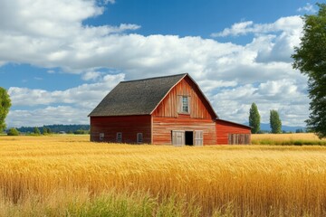 Obraz premium Red barn in golden wheat field under blue sky