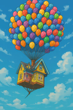 Cartoon house lifted into sky by hundreds of colorful balloons against blue clouds for whimsical fantasy adventure illustration