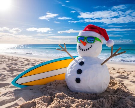 Smiling Santa sandy snowman in red santa hat and stylish sunglasses smiling on the sea beach with copy space, concept of winter holiday, Merry Christmas, happy summer time
