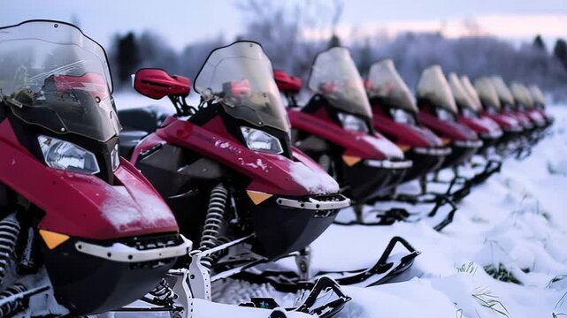 Row of red snowmobiles lined up in snowy terrain