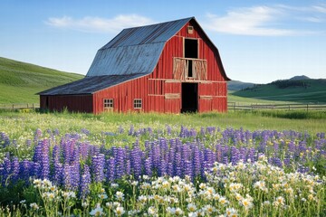 Red barn surrounded by blooming flowers