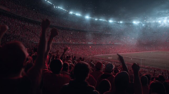 Passionate Fans Cheering in a Packed Stadium on Game Day Night