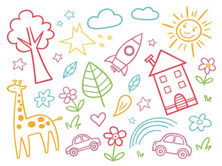 Happy summer childlike drawing of a small town with rainbows, flowers, cats, and houses. Crayon-style vector background perfect for preschool classrooms or baby nursery art.

